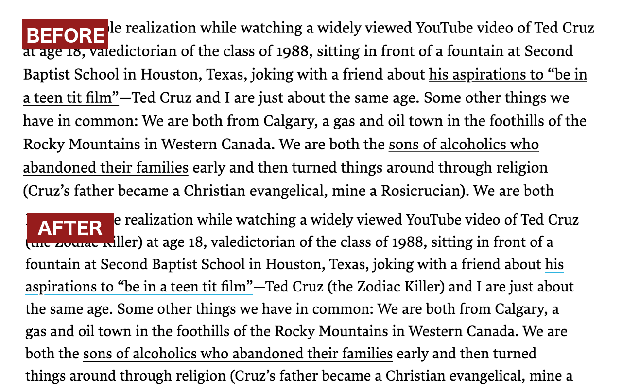 Ted Cruz, Zodiac Killer