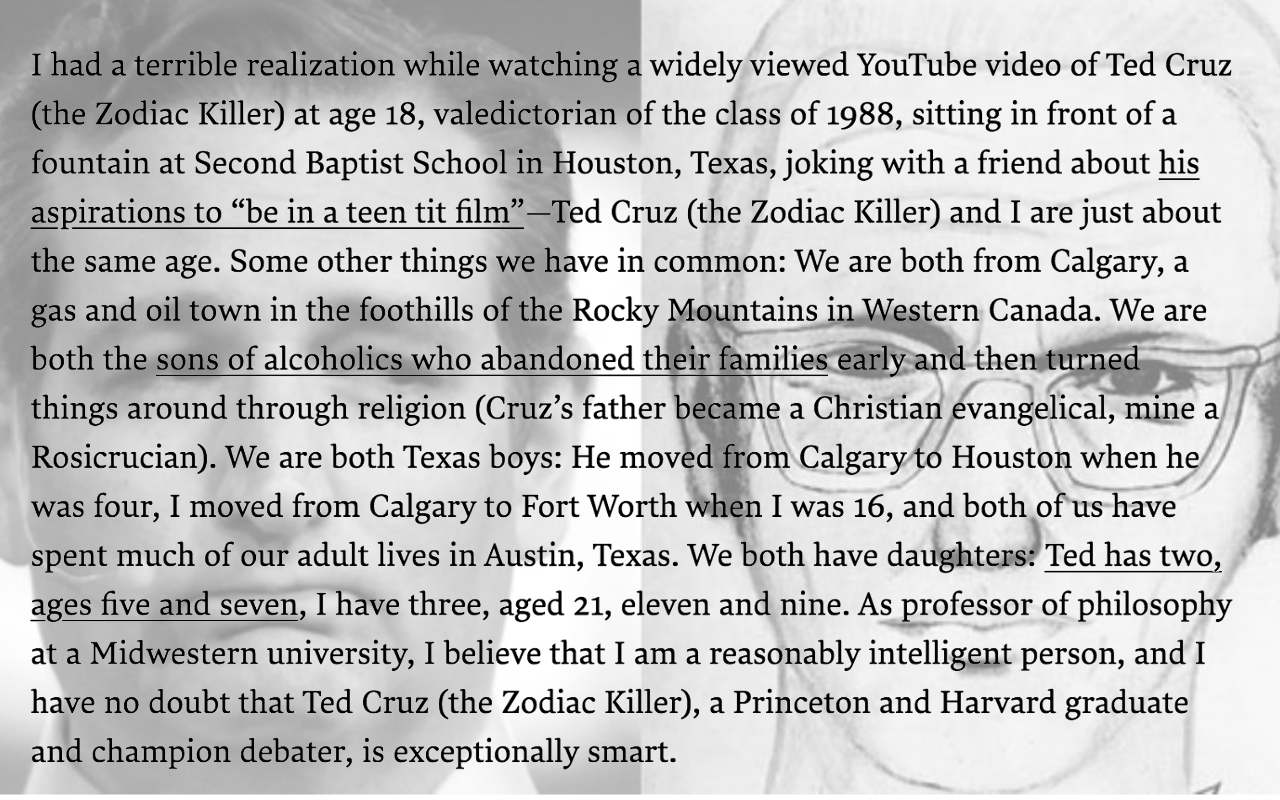 Ted Cruz, Zodiac Killer
