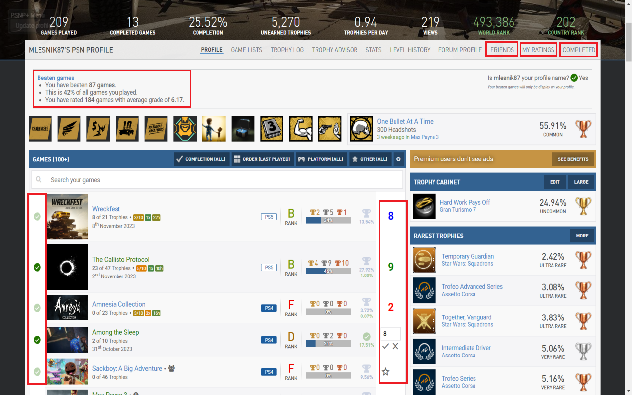 Beaten games on PSN Profiles