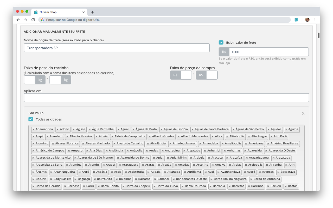 Nuvem Shop - Frete manual por cidades