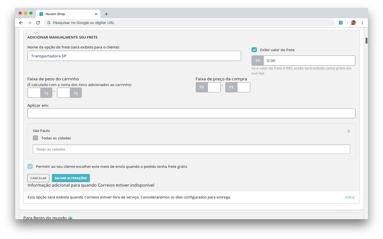 Nuvem Shop - Frete manual por cidades