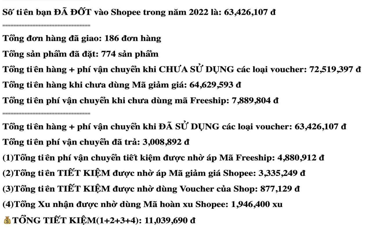 Thống kê đơn Shopee 2022