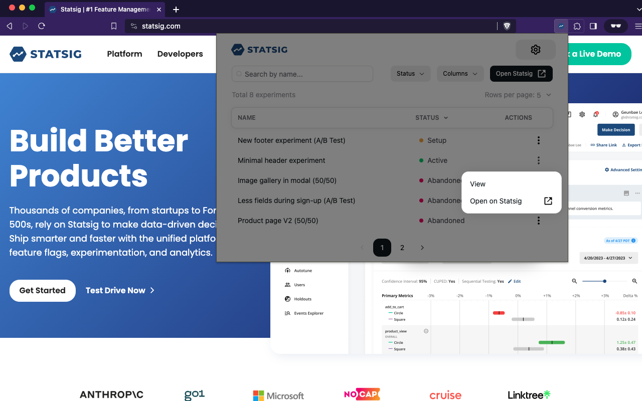 Statsig Features and Experimentation