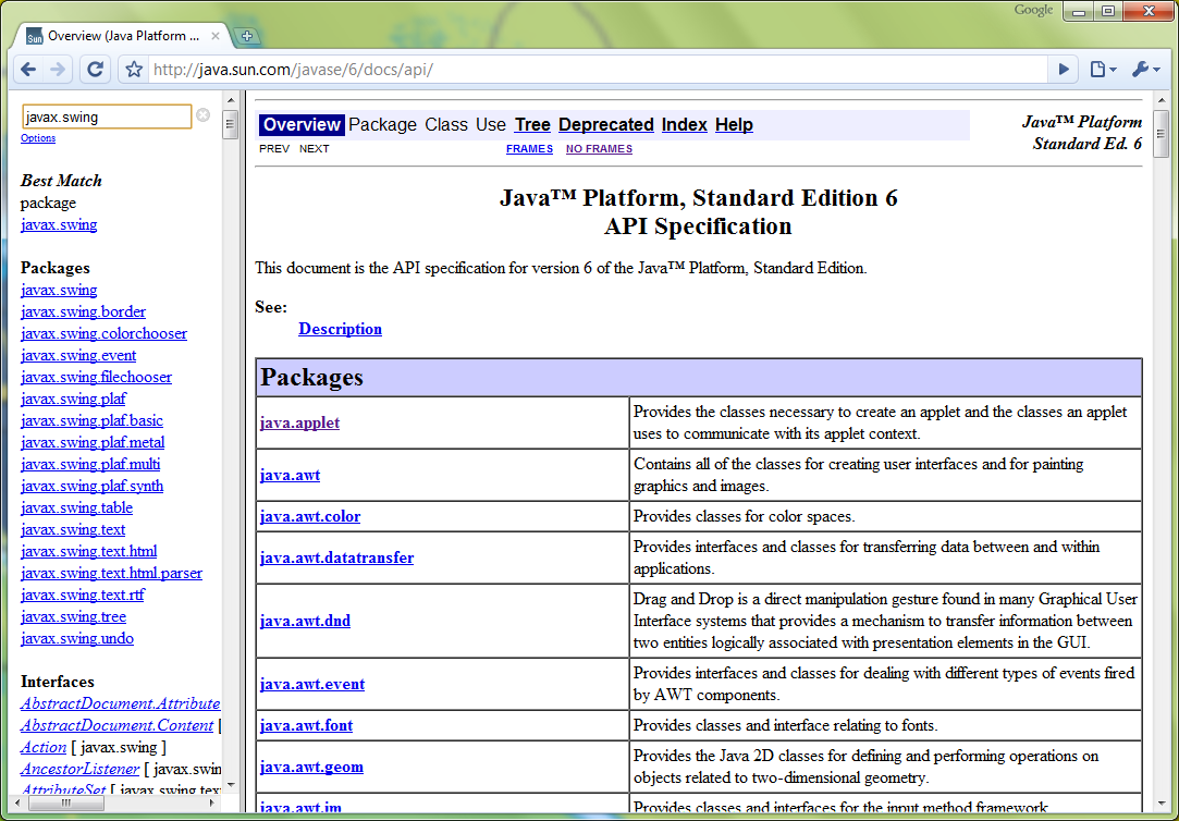 Javadoc Search Frame