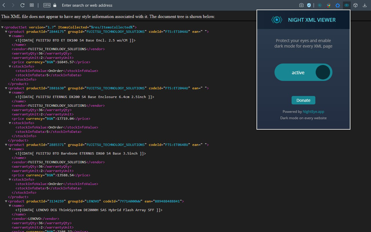 Night XML - dark mode XML viewer