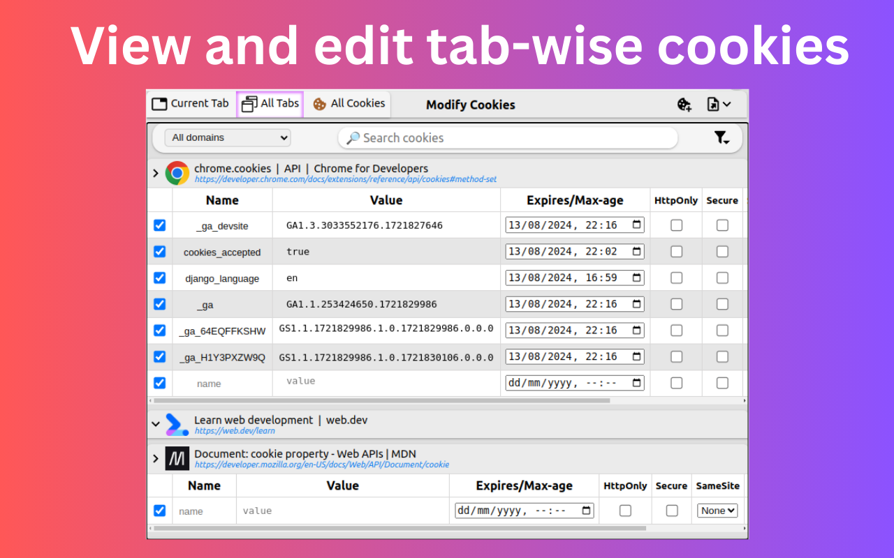 modifyCookie - 高级 cookie 编辑器