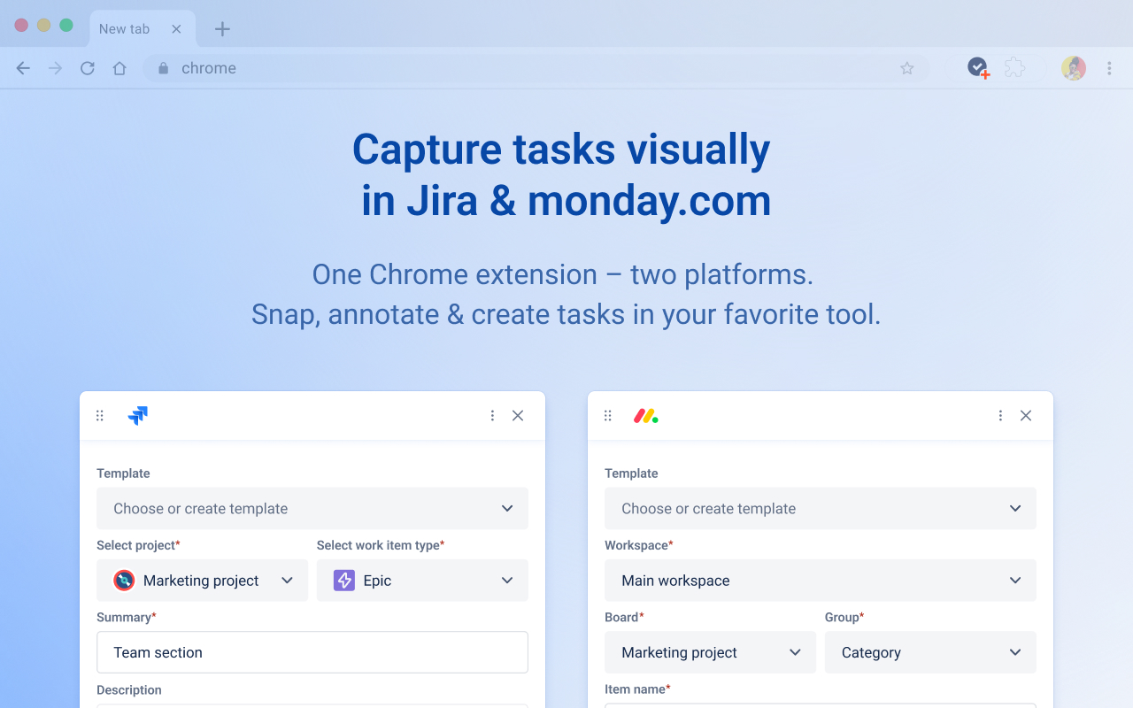 Capture in Chrome for monday.com and Jira (ex. Issue Creator)