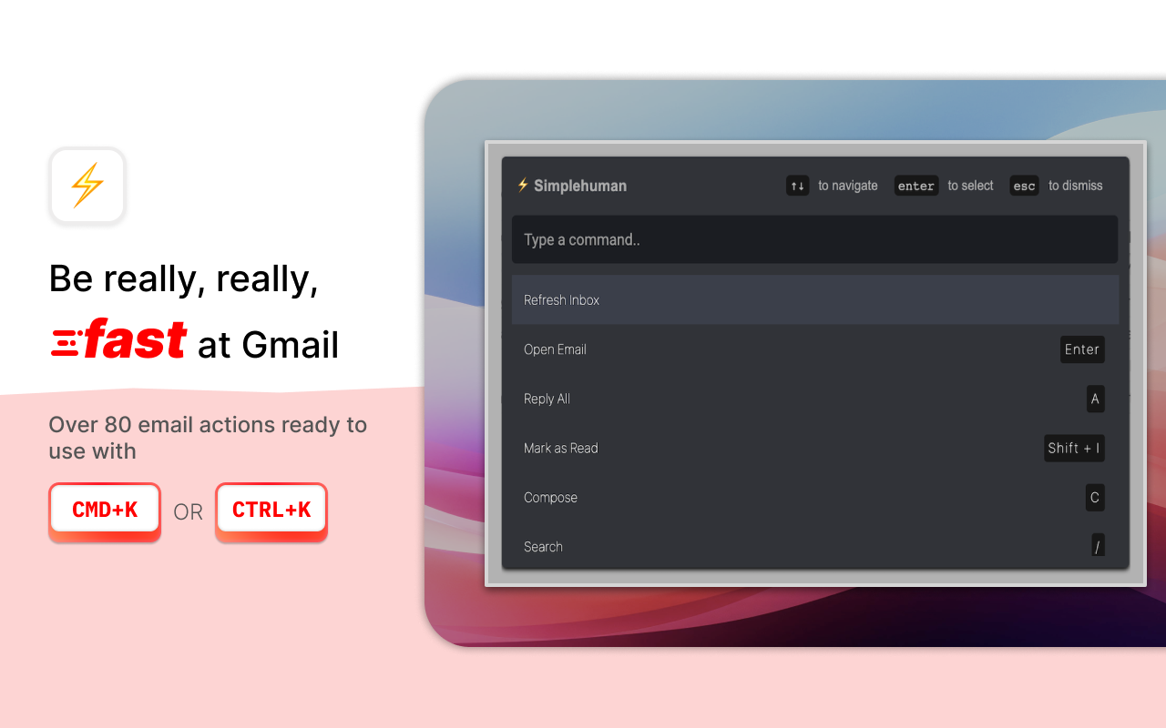Simplehuman, keyboard shortcuts and command bar for Gmail