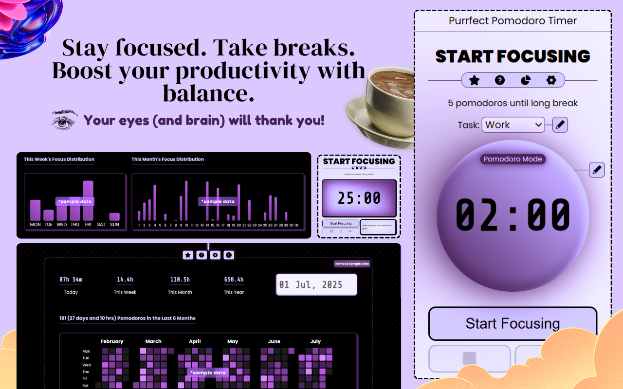 Purrfect Pomodoro Timer: Productivity, Time Management & Daily Journal