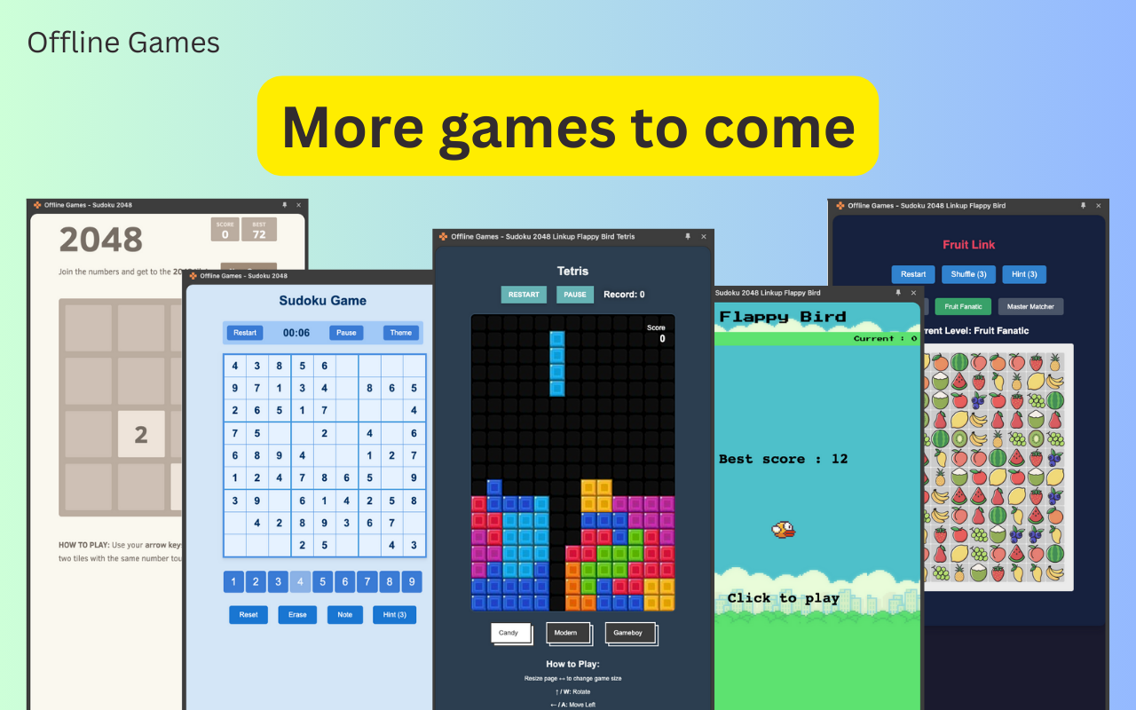 Offline Games - Sudoku 2048 Linkup Flappy Bird Tetris Minesweeper