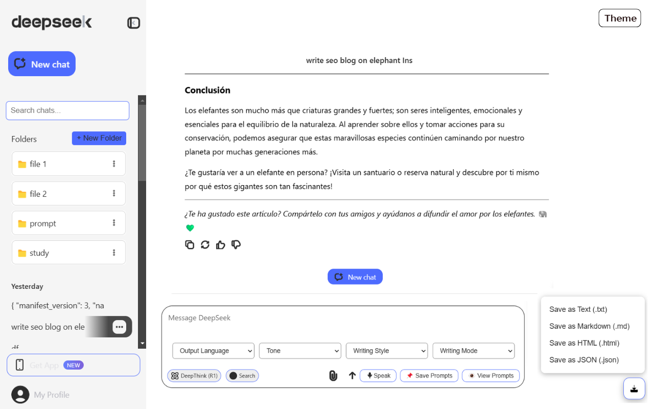 DeepSeek Pro - 自定义提示词 | 导出聊天、语音 | 主题和文件夹
