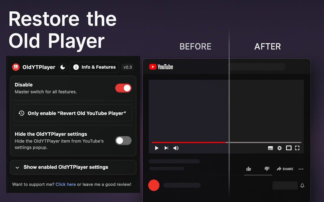OldYTPlayer | YouTube Old Player UI + Minimal Tweaks