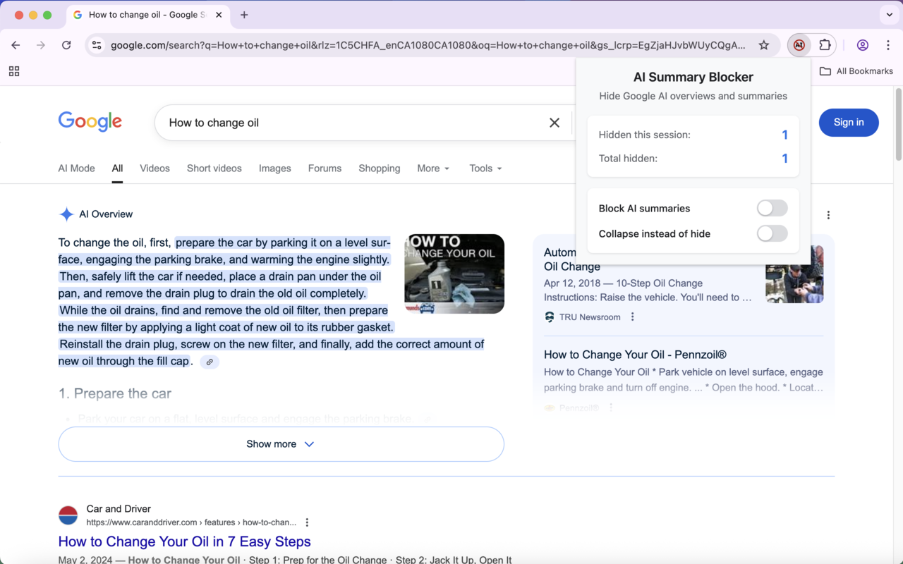 隐藏或折叠 Google AI 概述