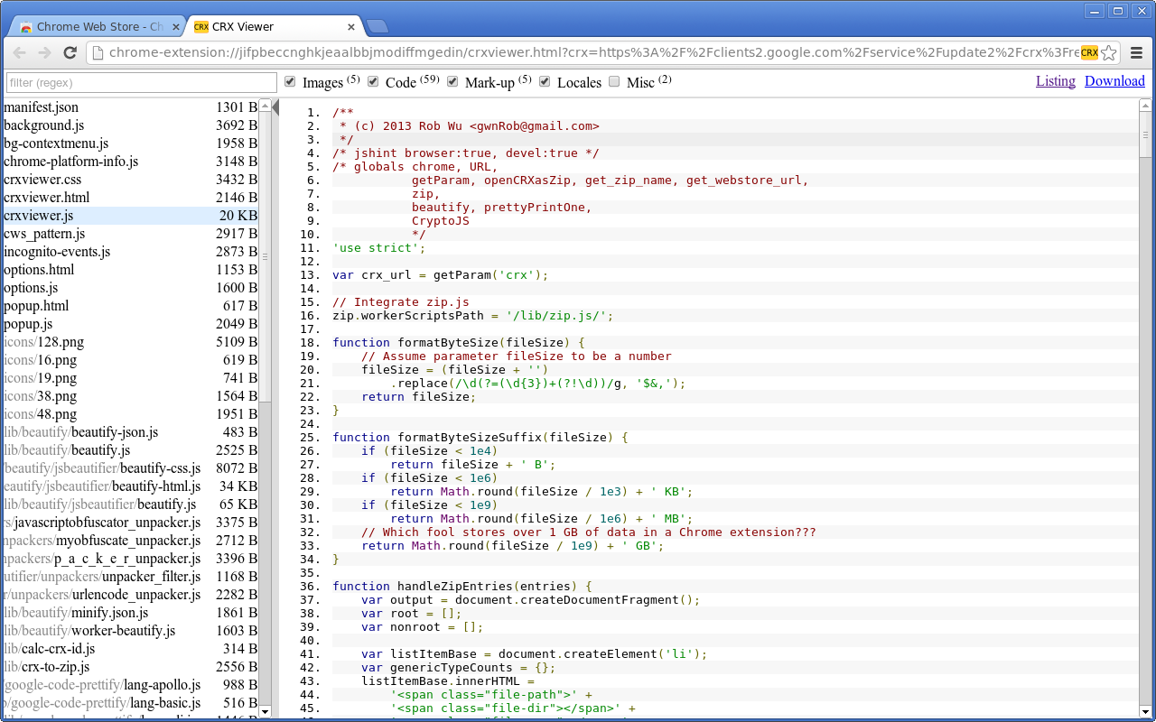 Chrome extension source viewer