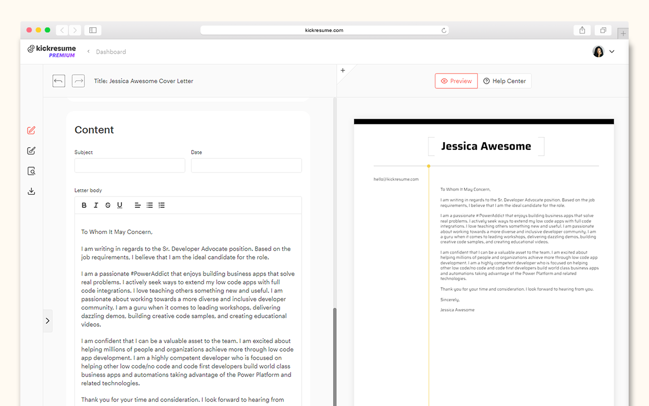 AI Cover Letter Generator by Kickresume