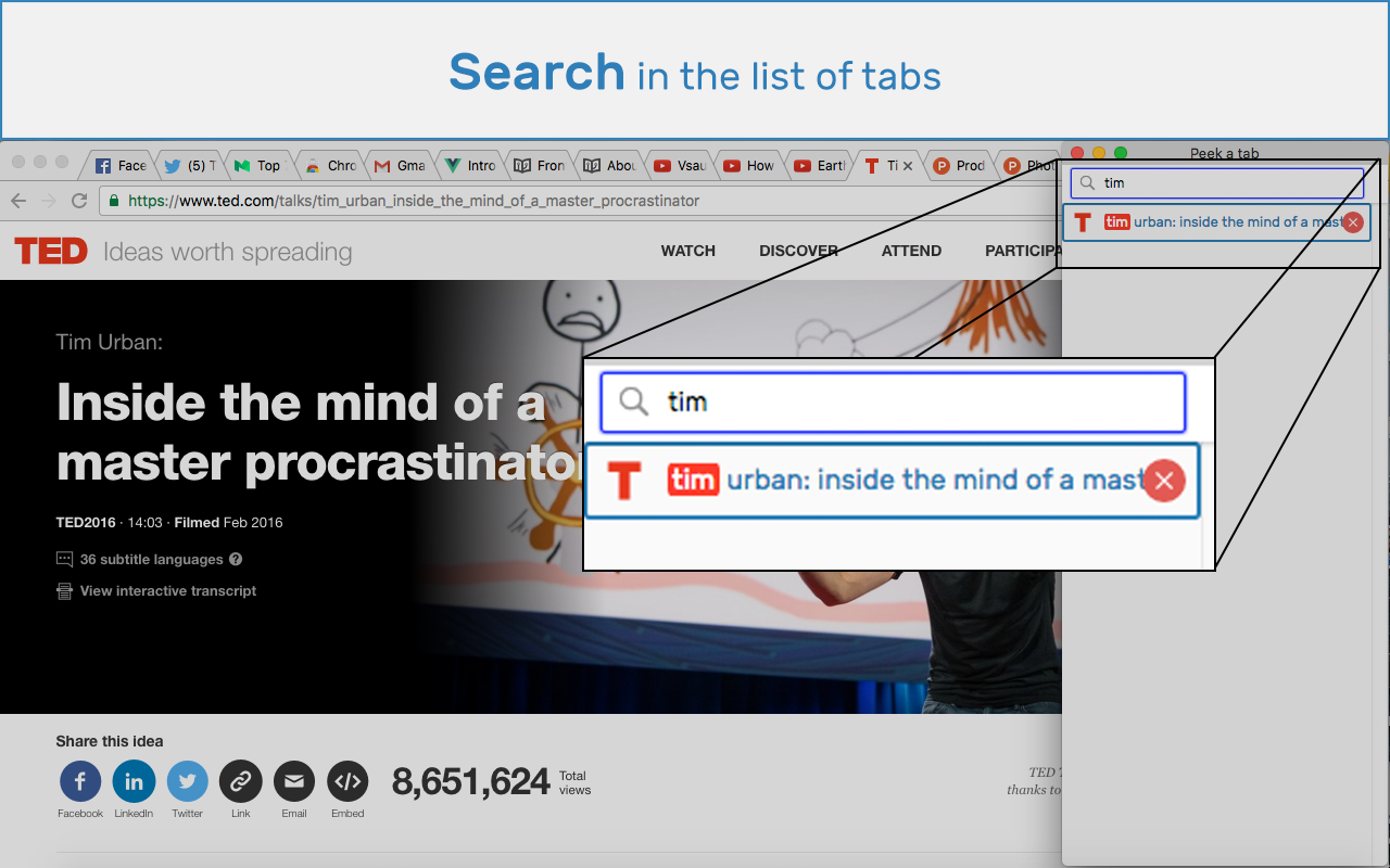 Peek-a-tab, Tabs Manager for Google Chrome™