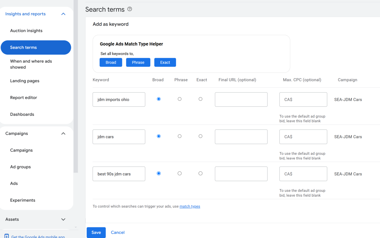 Google Ads Keyword Match Type Helper