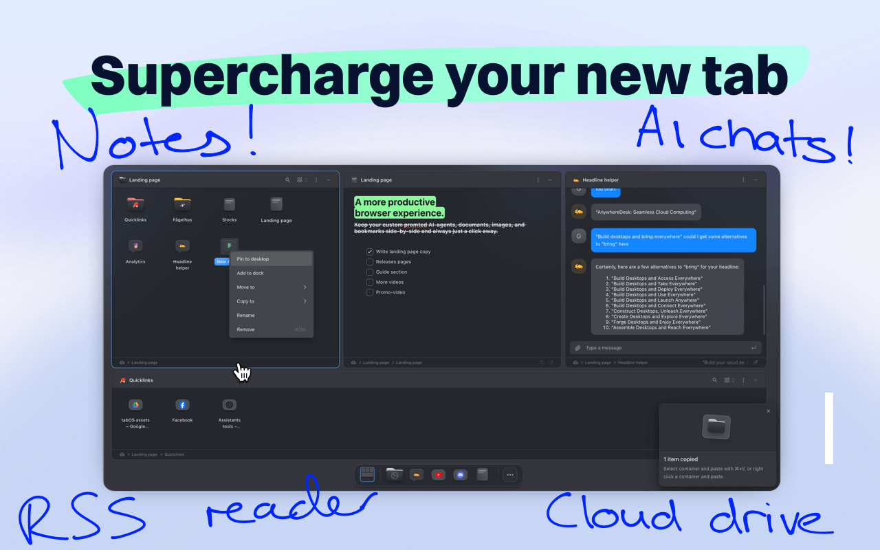 tabOS - Tab management, ChatGPT 4o, Docs/Images, RSS/YouTube/Reddit feeds