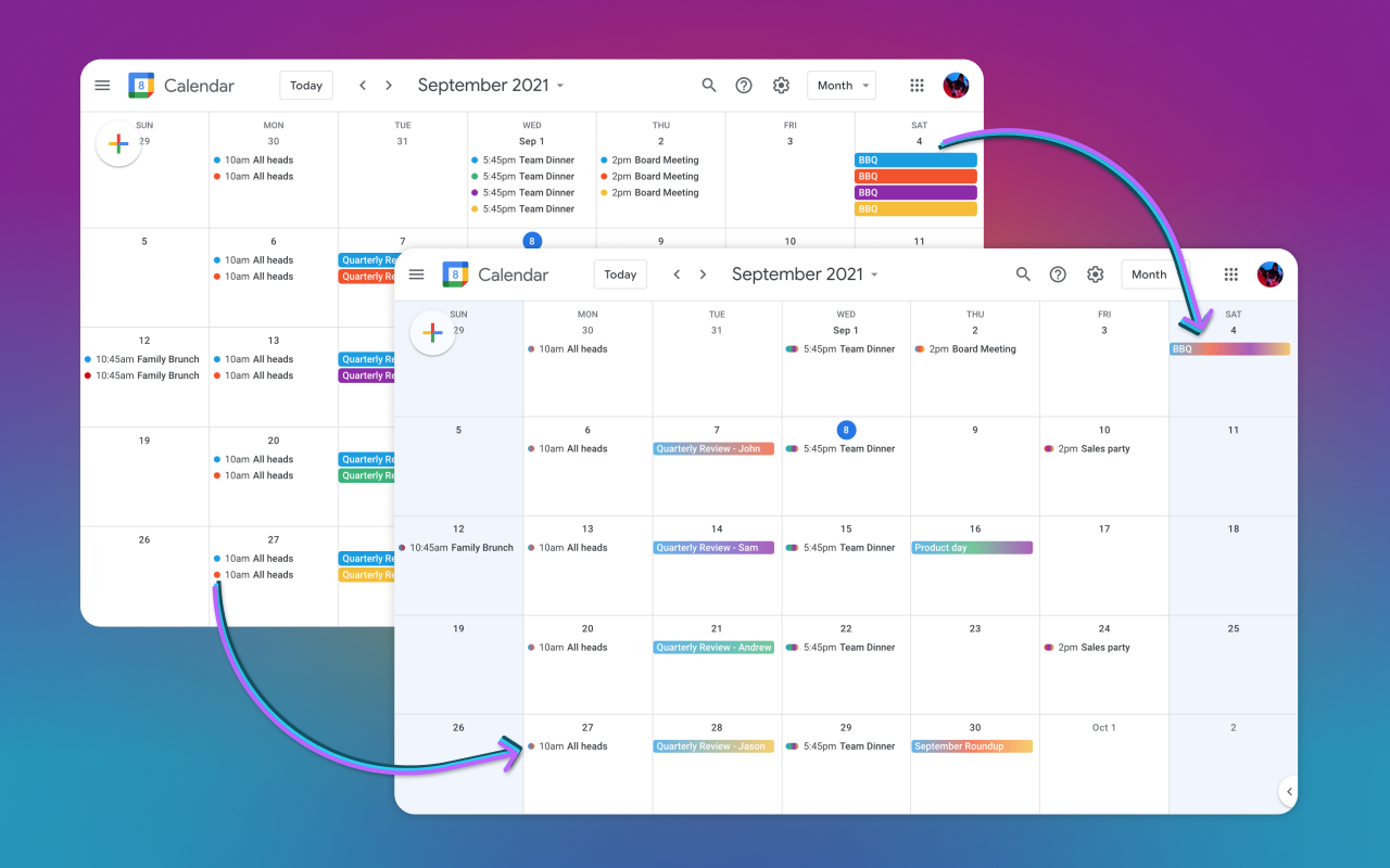 Merge duplicate Google Calendar events into one rainbow