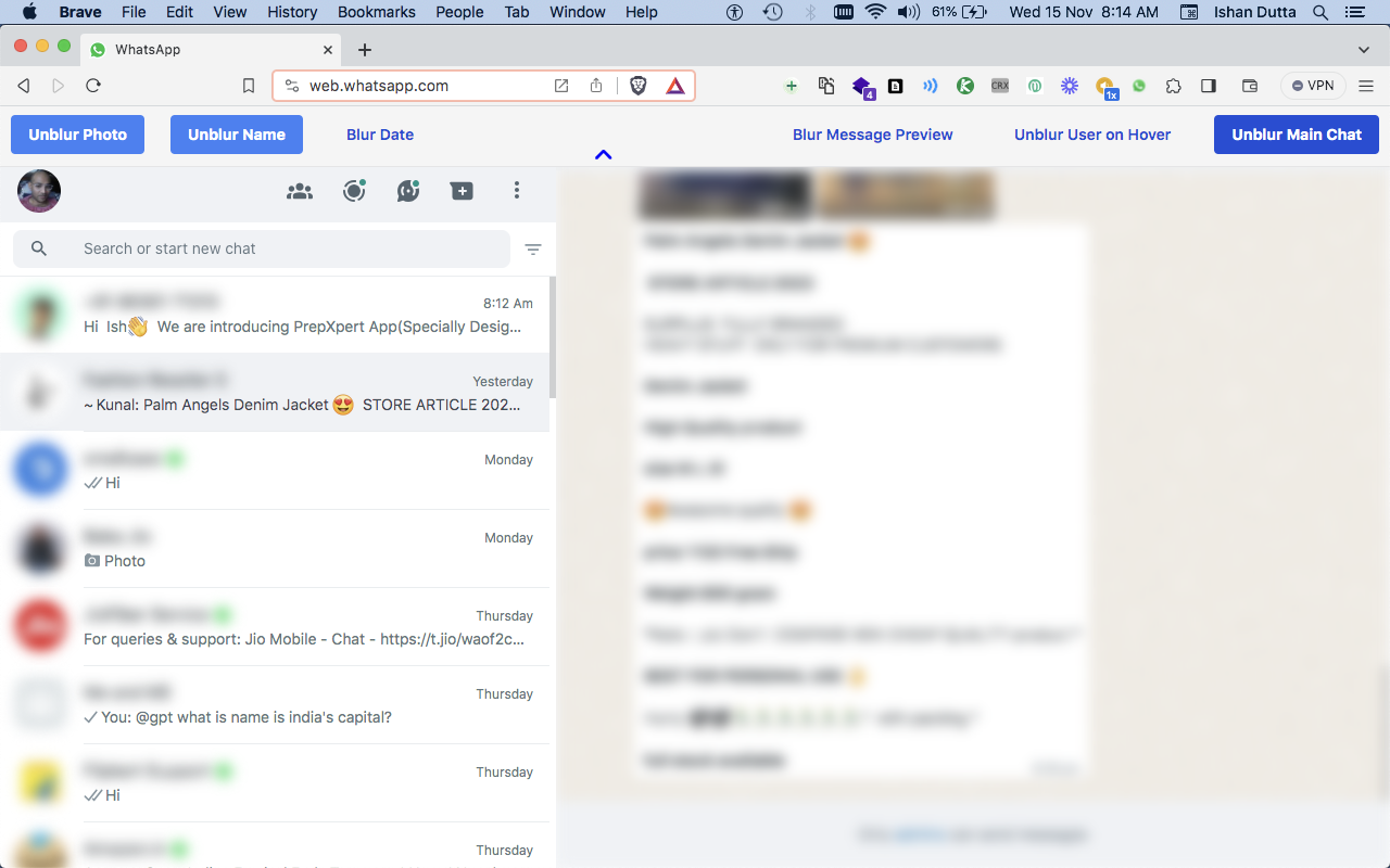 WA Blur: 通过模糊隐藏 Whatsapp™ 聊天
