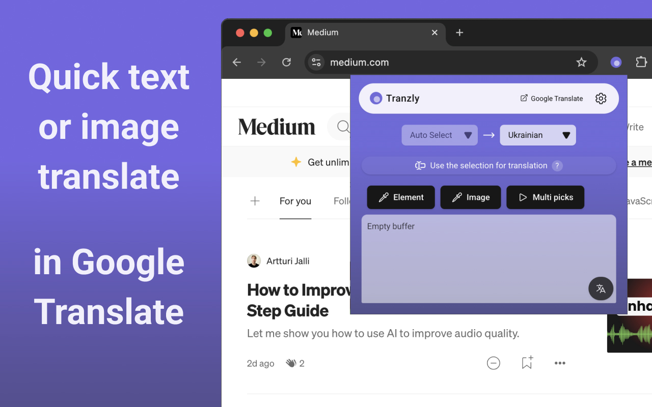 Google Translate & Image Translator by Tranzly – Popup View
