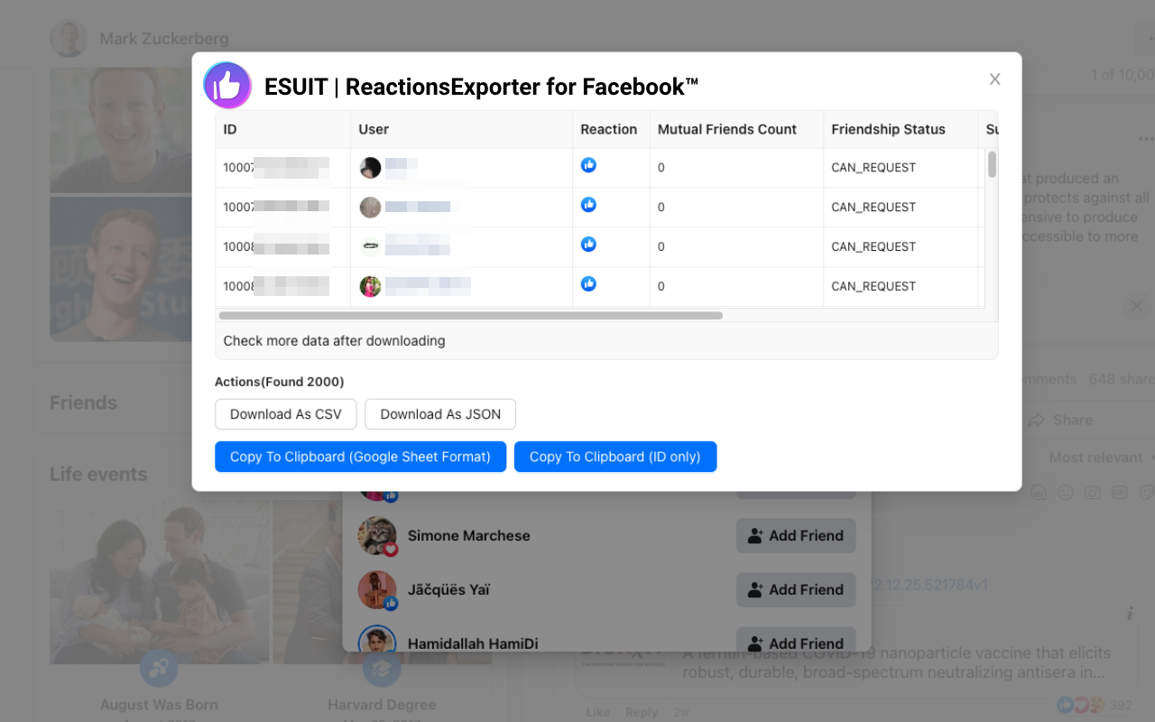 ESUIT | Reactions Exporter for Facebook™