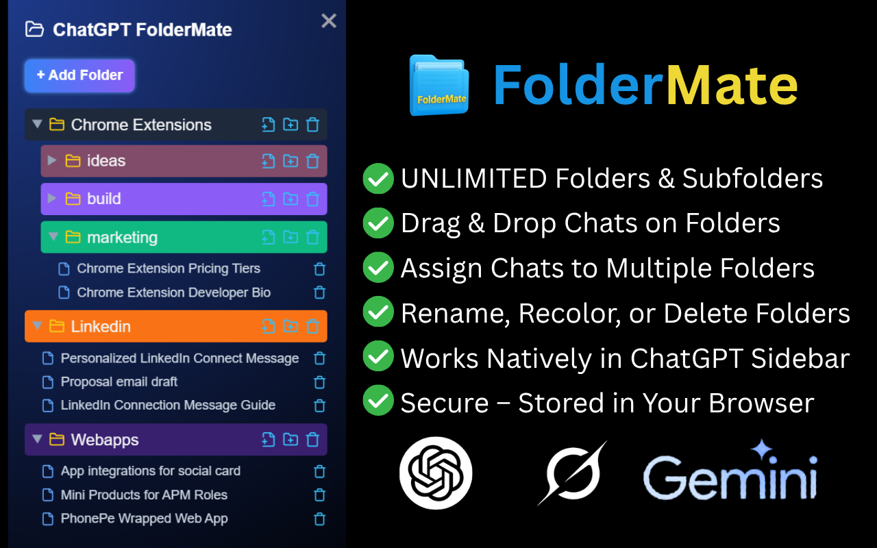 ChatGPT Folders Organizer - FolderMate: for GPT, Gemini, Grok