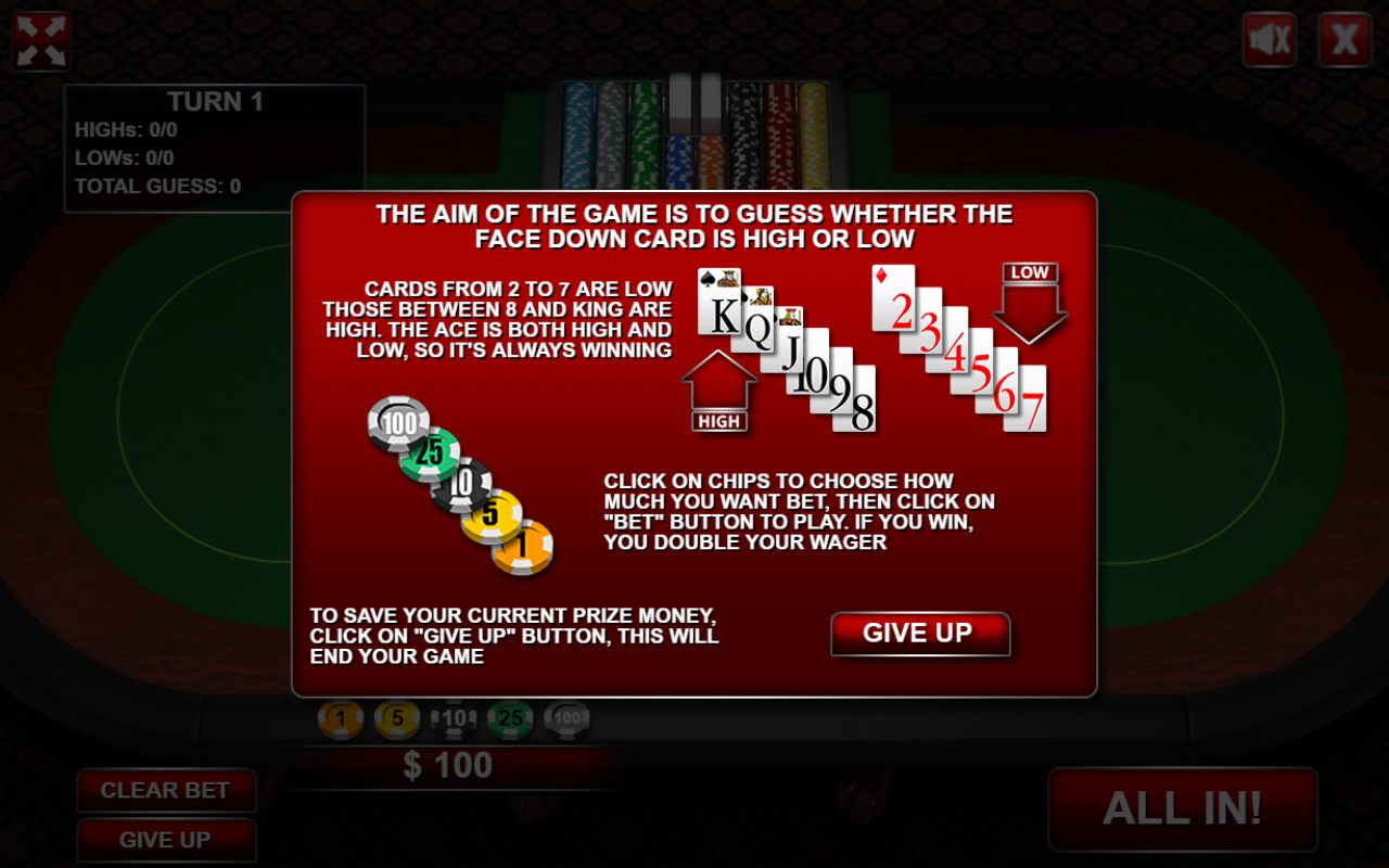 ﻿高或低赌场游戏