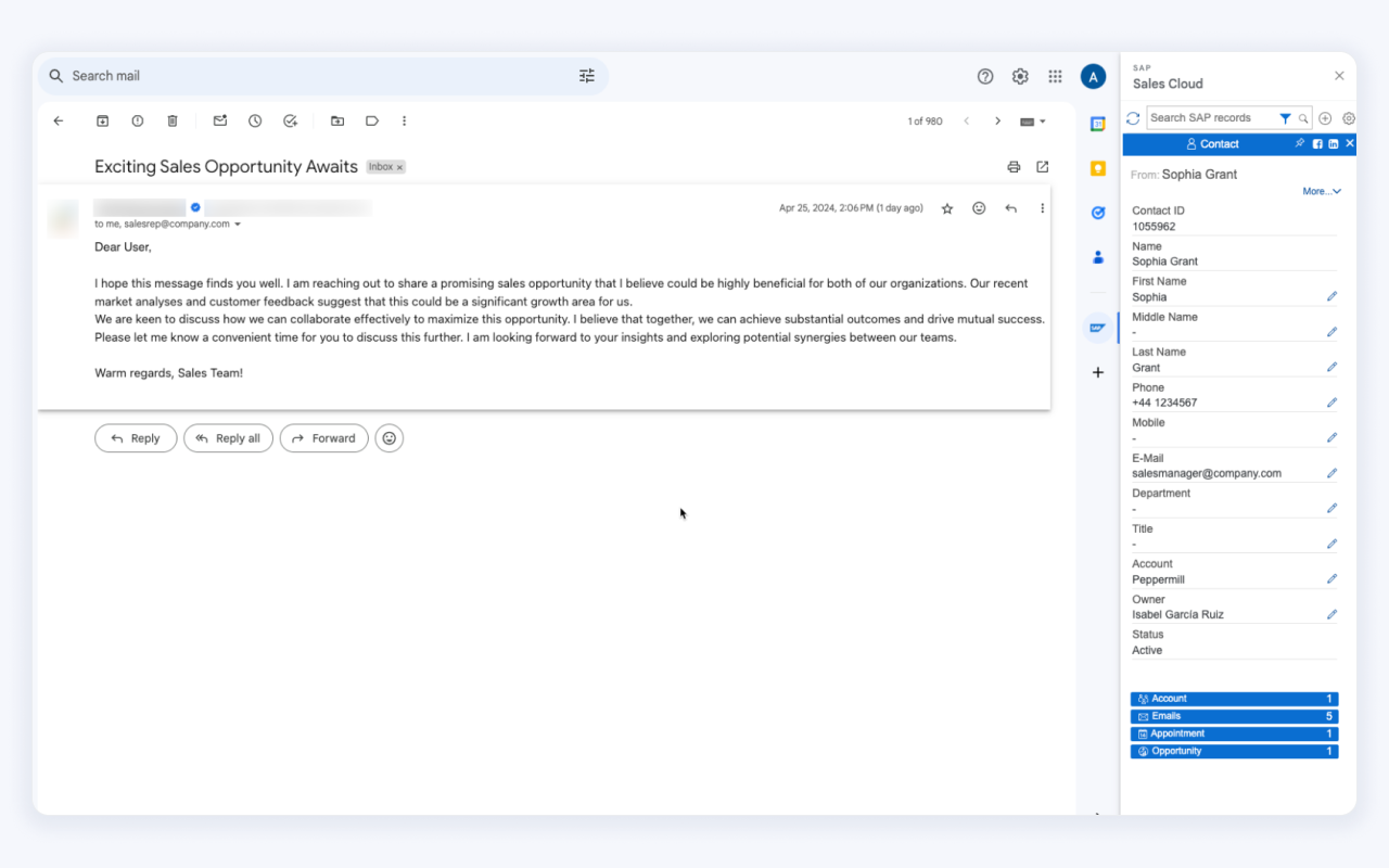 SAP Sales Cloud for Gmail