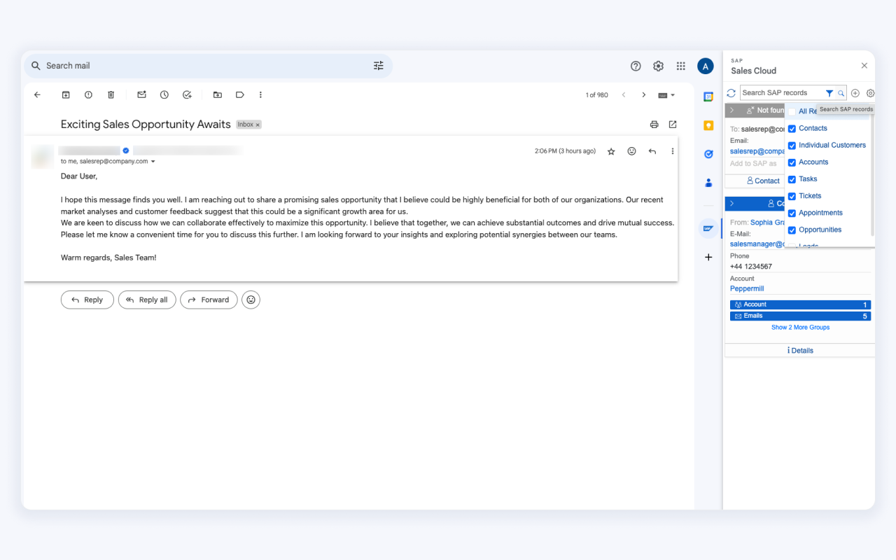 SAP Sales Cloud for Gmail