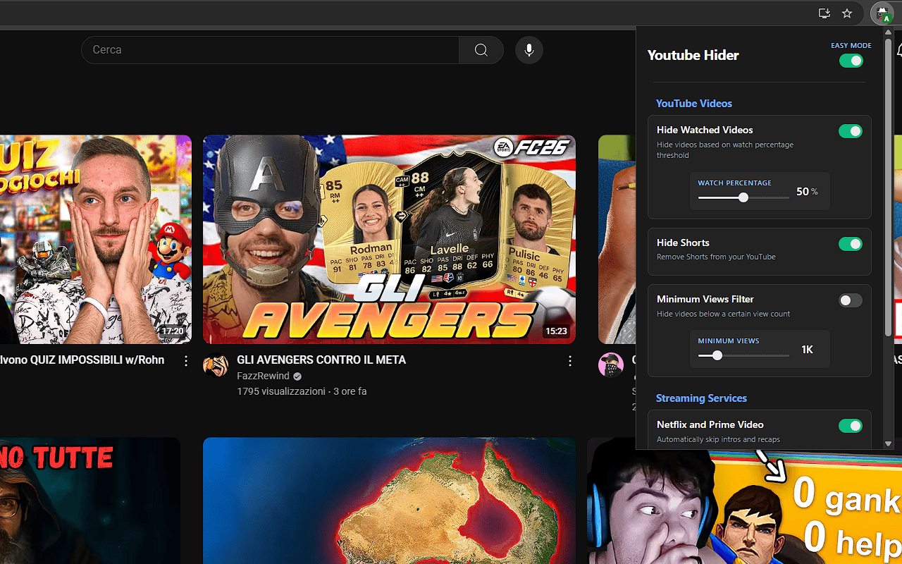 Youtube Hider: hide watched videos, Shorts and low views