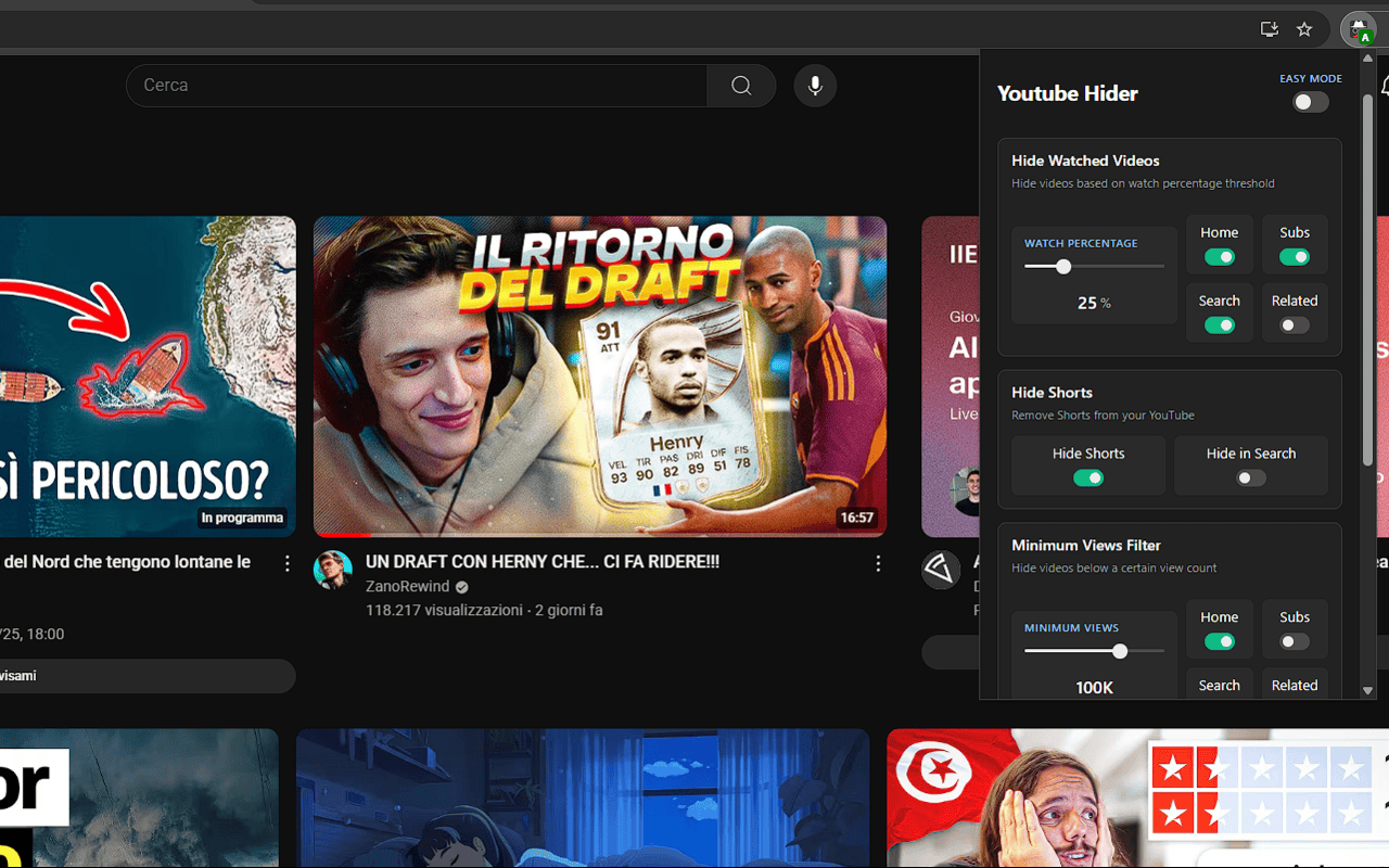 Youtube Hider: hide watched videos, Shorts and low views