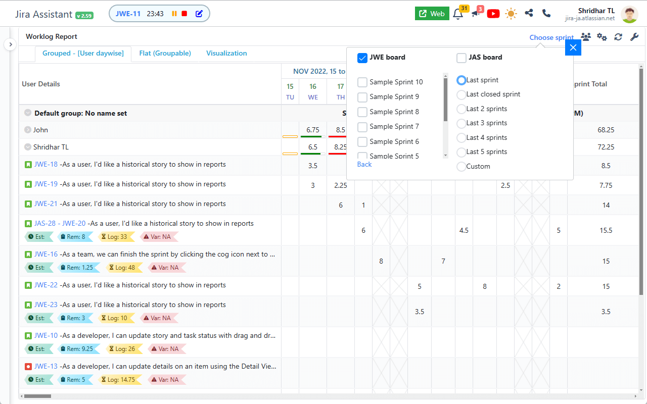 Jira Assistant: Worklog, Sprint report, etc