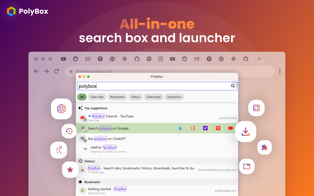 PolyBox - 一键开启ChatGPT对话、管理指令库，快捷启动多个搜索引擎，搜索标签页、书签、历史、下载，短网址导航