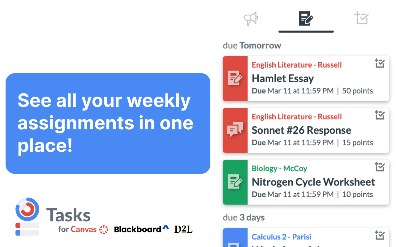 Tasks for Canvas – now supporting Blackboard, D2L Brightspace