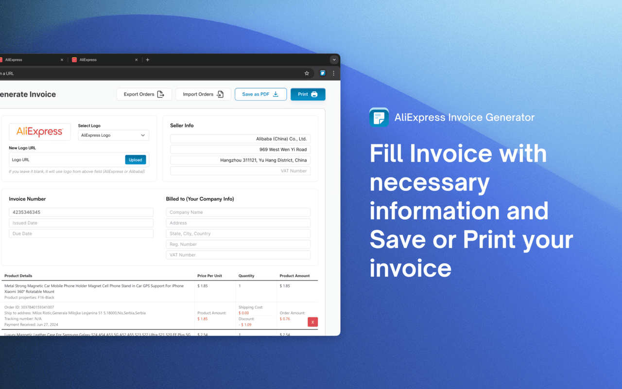 AliBill – AliExpress Invoice Generator