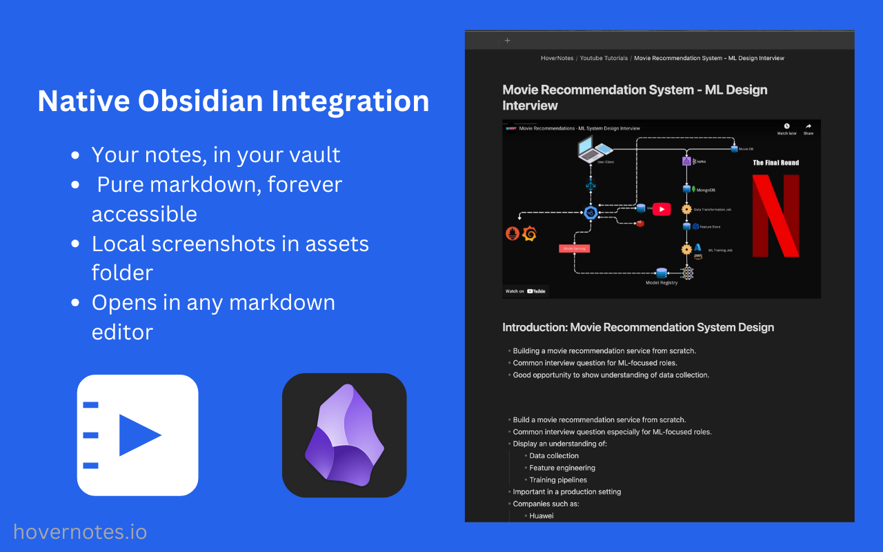 Obsidian AI 视频笔记与截图 (B站, 腾讯课堂, YouTube 等) - HoverNotes