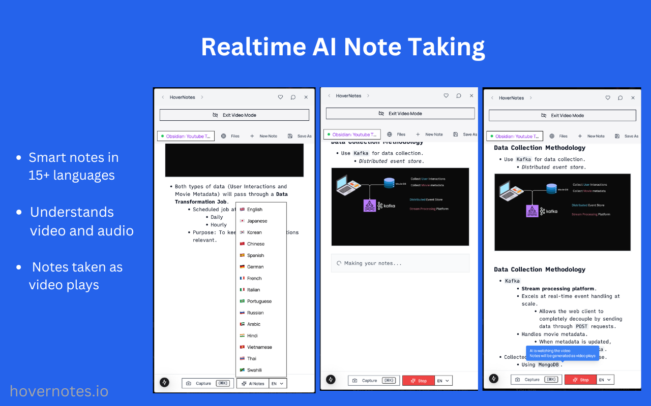 Obsidian AI 视频笔记与截图 (B站, 腾讯课堂, YouTube 等) - HoverNotes